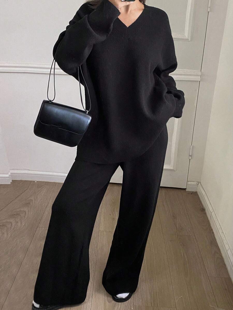 Livesso Women's Casual Business Loose Knit Pullover Sweater And Straight Leg Pants 2 Pieces Set, Minimalist Black, Suitable For Office Wear In Autumn And Winter - Black - View 1