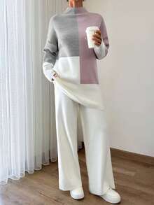 EURMUSE Plus Size Women Colorblock Sweater & Solid Color Wide Leg Sweater Pants Set Knit Two Piece Set Two Piece Set Women Comfy Two Piece Lounge Set Comfortable Two Piece Set Sweater Sets For Women - Multicolor - View 1
