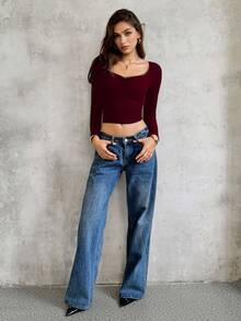 Lunelith SHEIN Lunessa Top à manches longues ajusté et court, avec décoration de nœud, volants en dentelle et patchwork, pour sortie