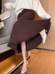 DAZY 女士优雅纯色鱼尾流苏毛衣裙，秋冬女装半身裙 - 咖啡棕 - 查看 7