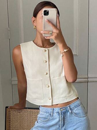 Livesso Chaqueta ajustada sin mangas de cuello redondo de unicolor para mujer, primavera/verano