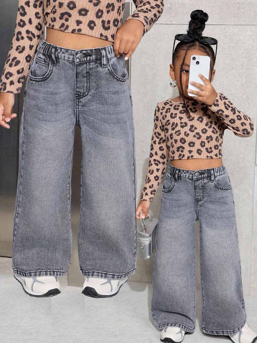 SHEIN 年轻女孩 Y2K 休闲日常水洗宽松牛仔裤，街头风，冬季，休闲时尚度假秋季装扮 - 灰色 - 查看 1