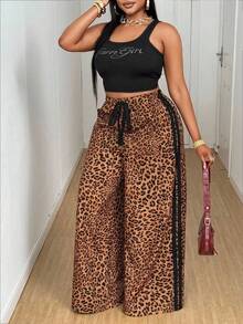 Maweii Pantalones casuales de pierna recta con lazo en la cintura, estampado de leopardo y ribete de contraste para mujer de talla grande, diseño de moda, versátil, nueva llegada 2025