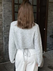 DAZY 女式纯色修身圆领长袖系带优雅休闲针织开衫，秋冬 - 灰色 - 查看 2