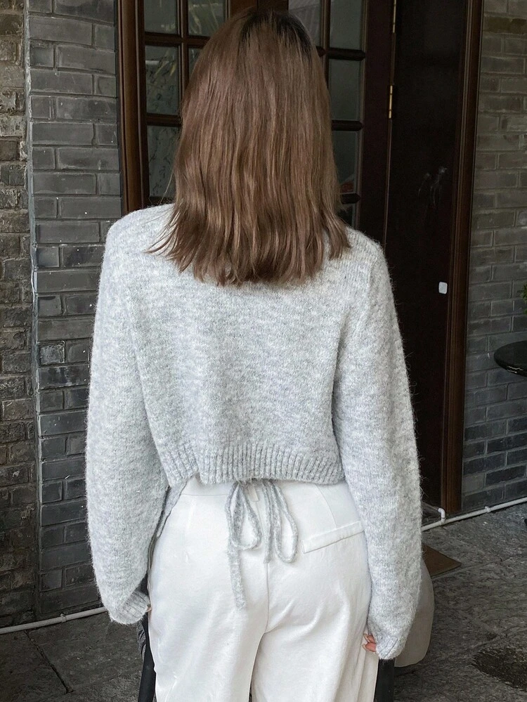 Women's Solid Color Fitted Crew Neck Long Sleeve Tie-Up Elegant Casual Knit Cardigan, Autumn/Winter