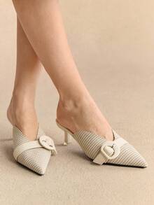 Rosivie Giày cao gót hở mũi cho nữ, màu đen, họa tiết chắp vá, thanh lịch khi đi làm, đi làm, giày trang trí khóa bên hông thời trang - Màu be - Xem 1