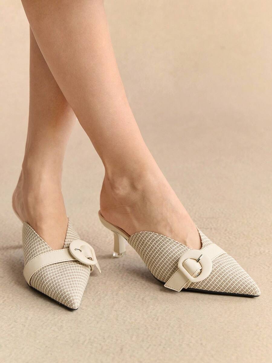 Rosivie Giày cao gót hở mũi cho nữ, màu đen, họa tiết chắp vá, thanh lịch khi đi làm, đi làm, giày trang trí khóa bên hông thời trang - Màu be - Xem 1