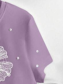 Everyssa Áo thun nữ cổ tròn tay ngắn raglan dệt kim co giãn họa tiết hoa rỗng đính hạt mùa hè - Màu tím hoa cà - Xem 3