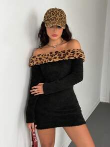 Teen Girl Black Autumn Fluffy Leopard Print Off-Shoulder Snug Fit Dress,Soft Warm Techno Party Rave Dress,Stylish Fitted Winter Silhouette Outfit - Black - View 6
