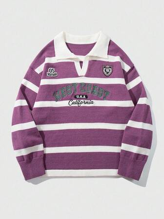 Street Life Suéter casual de manga larga con cuello polo, rayas y bordado de letras para hombre, otoño