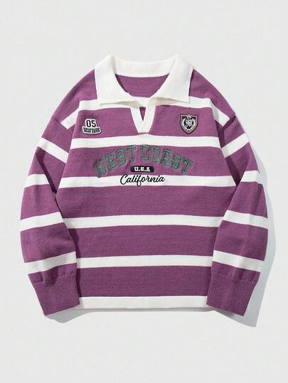 Street Life Men's Autumn Letter Embroidery Polo Collar Long Sleeve Casual Striped Sweater