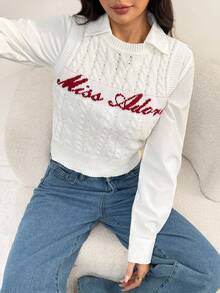 SHEIN PETITE 女士无袖字母图案针织上衣、返校服装、羊毛上衣、冬季女装、可爱羊毛背心、新年毛衣 - 白色 - 查看 7