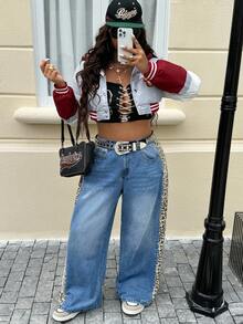 Jeanoix Plus Size Women Casual Wide Leg Patchwork Jeans - Light Wash - View 3