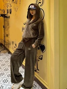 DAZY 女士休闲字母刺绣卫衣，秋季外套连帽衫 - 棕色 - 查看 4