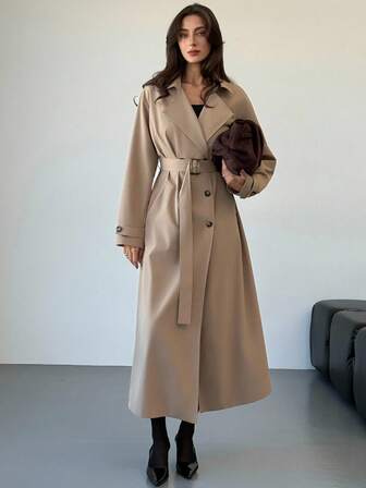 Aloruh Street Casual Solid Color Long Sleeve Women Trench Coat With Belt Fall Fall Autumn Winter Back To School