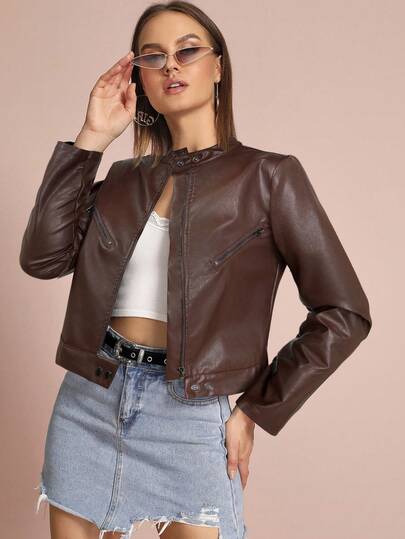 Siren Gaze Vintage PU Leather Short Jacket, Fashionable For Commuting, Autumn,Brown Jacket Winter Casual