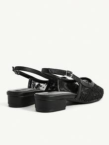 CUCCOO CHICEST 女士优雅百搭舒适黑色网眼蕾丝尖头低跟露跟平底鞋 - 黑色 - 查看 10