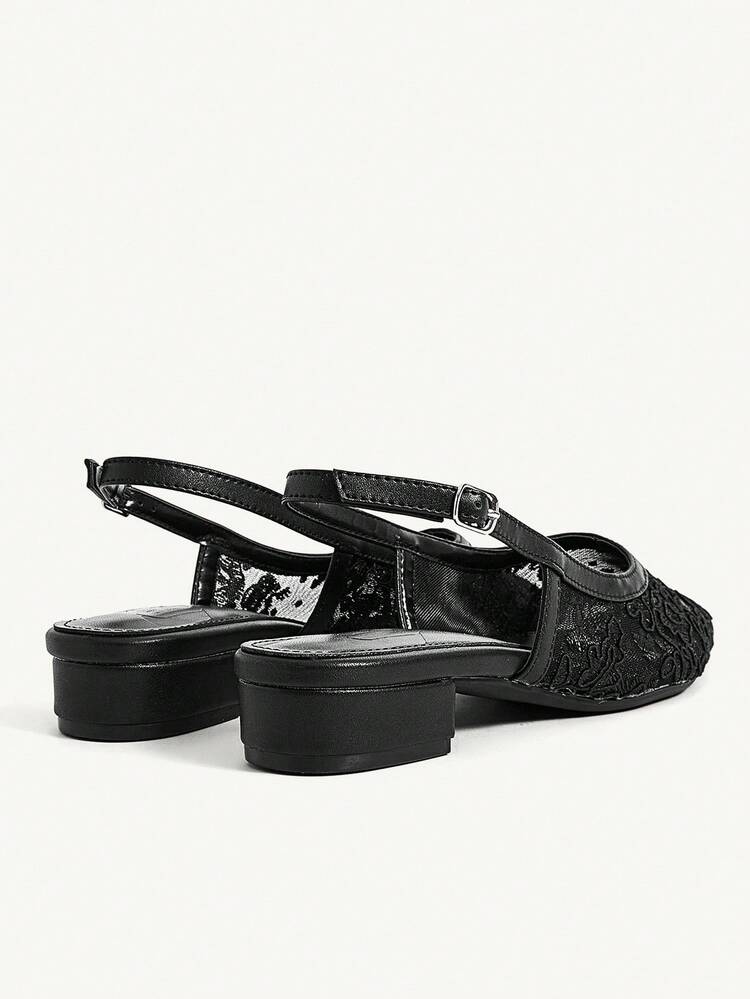 CUCCOO CHICEST Femmes Élégantes Polyvalentes Confortables Plates-Formes à Bout Pointu Noir en Maille et Dentelle à Talon Bloc Bas - Noir - Voir 10