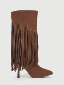 CUCCOO SZL 女士时尚尖头细高跟棕色流苏性感优雅过膝靴 - 摩卡棕 - 查看 4
