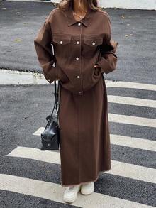 DAZY 女士秋季翻领宽松上衣和宽松牛仔裙两件套 - 咖啡棕 - 查看 5