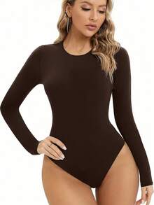 INAWLY Women's Solid Color Round Neck Drop Shoulder Long Sleeve Bodysuit - Coffee Brown - View 3