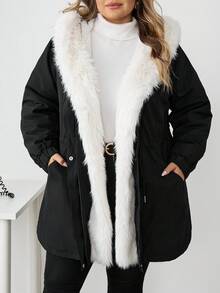 SHEIN CURVE+ 大码冬季服装蓬松拼接连帽长袖加厚棉服 - 黑與白 - 查看 6