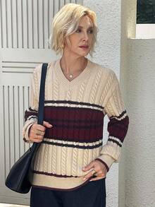 Vivie Lora Suéter Ajustado de Tricô Casual com Decote em V e Contraste de Cores