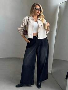 Auralis 大码秋季女装纯色简约休闲长袖夹克秋季，杏色夹克，机场服装，纽扣夹克，女士休闲装，女士冬季夹克，女士秋冬服装 - 米色 - 查看 3