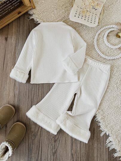 SHEIN 2 件套休闲百搭可爱长袖人造毛皮拼布上衣和裤子套装，适合春季、秋季、冬季和日常穿着