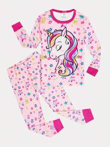 SHEIN Young Girl Unicorn Print Contrast Binding Snug Fit PJ Set