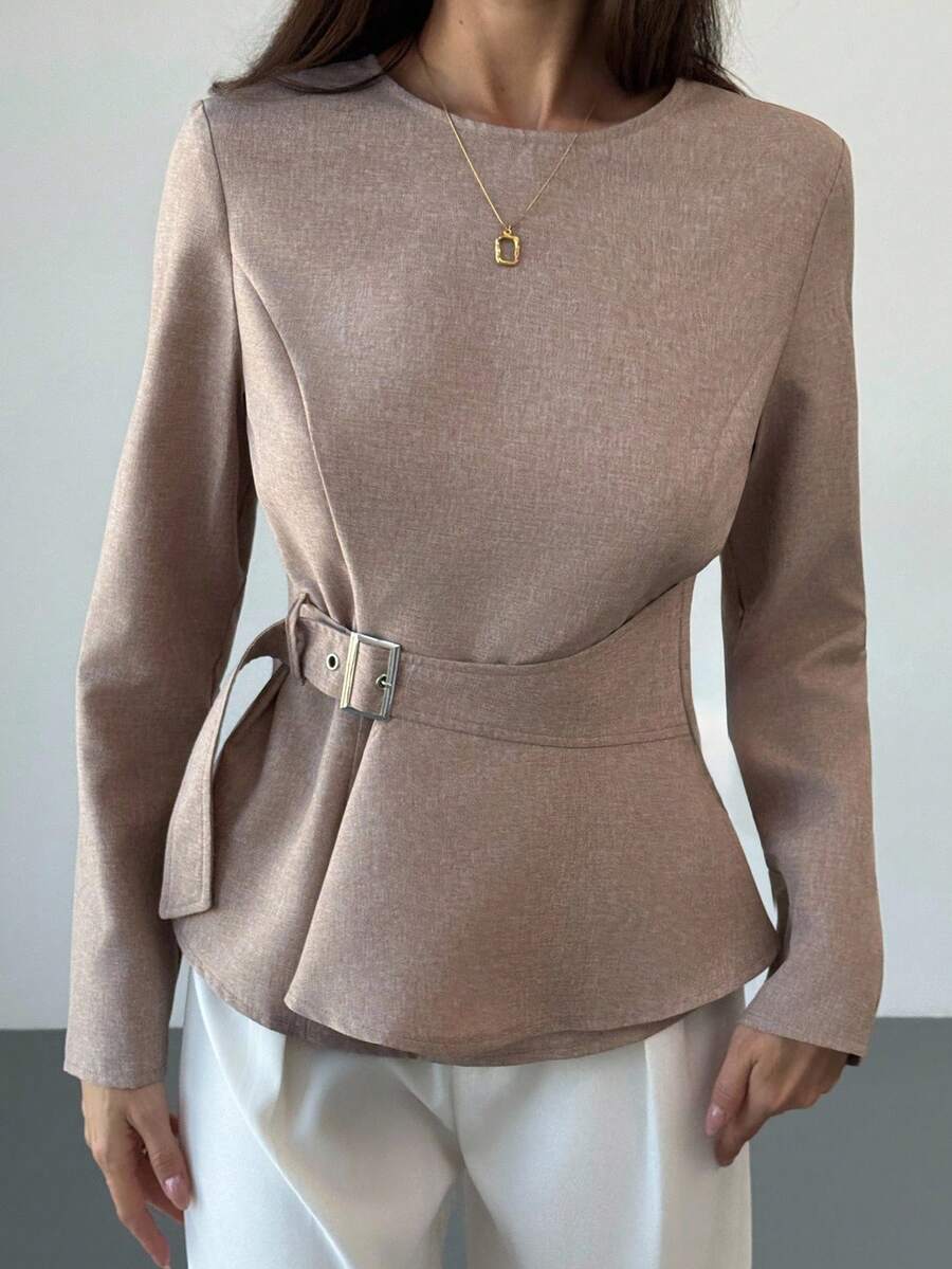 Aloruh Women's Fashionable & Elegant Button-Up Round Neck Long Sleeve Shirt