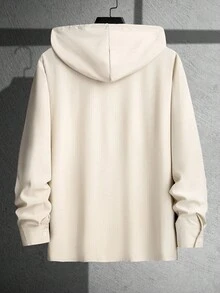 Manfinity Homme 男士前扣连帽休闲长袖衬衫 男士连帽衬衫 米色男士衬衫，秋季 - 米色 - 查看 2