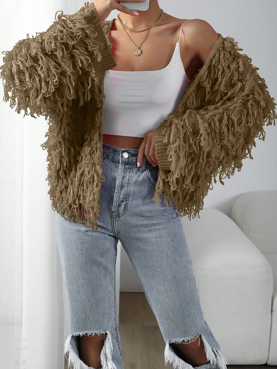 EMERY ROSE Women's Solid Color Fringe Loose Knit Cardigan, Fashionable For Autumn/Winter - Rust Brown - View 1