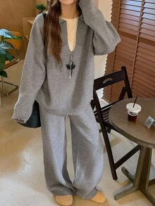 DAZY Setelan Kasual 2 Potong Wanita Warna Polos Lengan Panjang Model Bahu Longgar dan Celana Rajut, Musim Gugur - Grey - View 8
