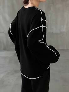 FRIFUL 女式宽松落肩撞色饰边 T 恤，休闲百搭，秋冬长袖上衣 - 黑色 - 查看 6