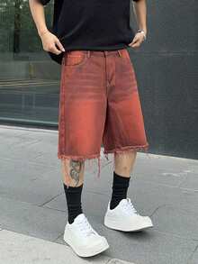 PAVTROS 男式口袋磨边宽松休闲牛仔百慕大短裤