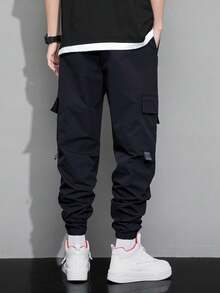 Claim Dot Loose-Fit Men's Flip Pocket Cargo Pants With Cartoon Print, For Fall - Navy Blue - View 2