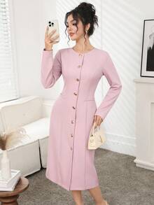 Modelyn Vestido elegante de ajuste ceñido con botones metálicos decorativos en la cintura, para uso diario sofisticado