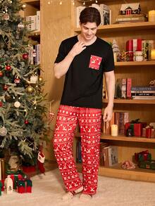 SHEIN Christmas Print Pocket Short Sleeve Pants Pajama Set For Men Christmas Pajamas Couple Christmas Pj Red Pj Set
