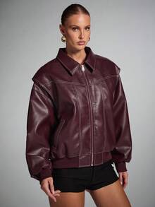 SHEIN BAE Women's Solid Color Long Sleeve Zip-Up Collar Casual PU Leather Jacket, Autumn, Women Leather Jacket, Burgundy Leather Jacket, Oversized Leather Jacket,Fall - Burgundy - View 3