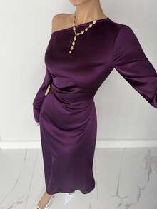 Siren Gaze Women's Solid Color Asymmetric Shoulder Long Sleeve Pleated Elegant Long Dress Dress Modest Plum Dress Purple Long Dress Long Sleeve Elegant Dress Purple Elegant Dress Women Winter Christmas New Year Party Red Party Dress Burgundy - Burgundy - View 4