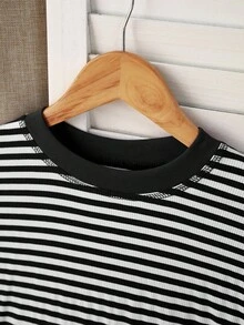 INAWLY 女士休闲条纹圆领落肩长袖T恤，简约时尚 - 黑與白 - 查看 5
