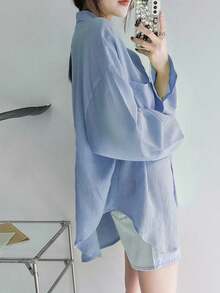 DAZY Camisa holgada de unicolor con cuello regular para mujer, blusa de manga larga para otoño - Agua verde azul - Ver 2