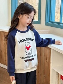 SHEIN 2pcs/Set Tween Girls Navy Blue Knitted Fleece Bear Print Raglan Sleeve Pullover & Woven Pants,Korean Preppy School Style,Back-To-School Autumn Outfit - Multicolor - View 4