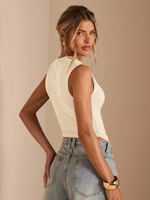 SHEIN BAE Women's Solid Color Stand Collar Pleated Asymmetric Hem Fitted Casual Tank Top, Spring/Summer - Apricot - View 2