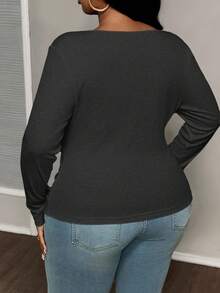 Slaydiva 大码休闲百搭白色修身深U领长袖T恤-C - 深灰色 - 查看 2