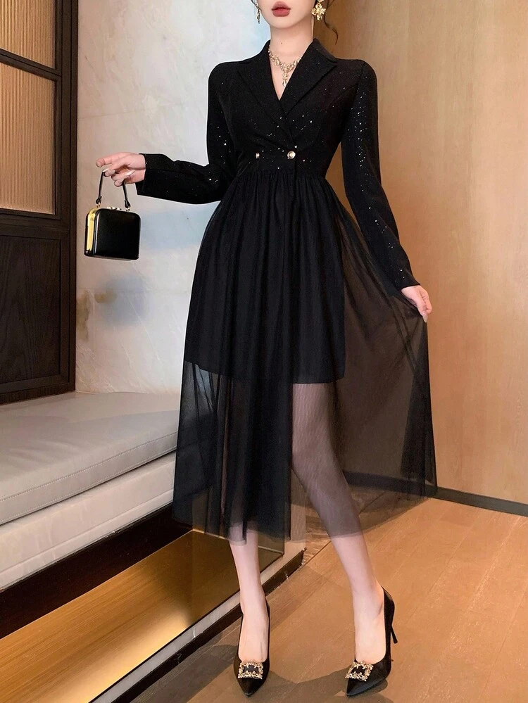 Elegant Party Dress With Mesh Patchwork Blazer Collar, Mid-Length Dress For Women, Autumn Dress