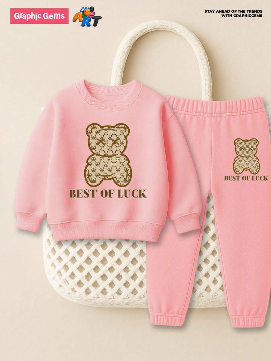 GraphicGems Bộ 2 áo nỉ và quần in chữ hình gấu cho bé gái, trang phục thường ngày ấm áp cho mùa thu/đông - Hồng - Xem 1