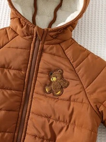 Cozy Pixies 男婴卡通水豚图案连帽长袖保暖夹克，秋冬百搭舒适 - 棕色 - 查看 3