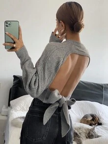 Livesso Autumn/Winter Loose Business Casual Floral Pattern Lace-Up Cinched Waist Hollow Out Sexy Fitted Cropped Knit Sweater For Women - Grey - View 1